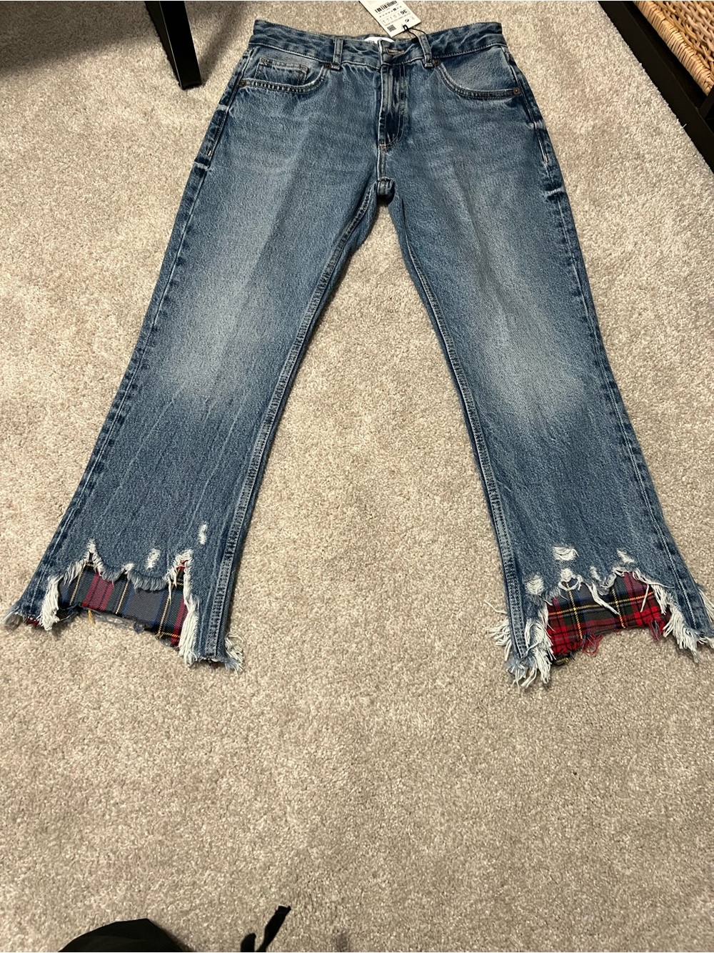Zara Blue Denim Ankle Jeans with Plaid Inset